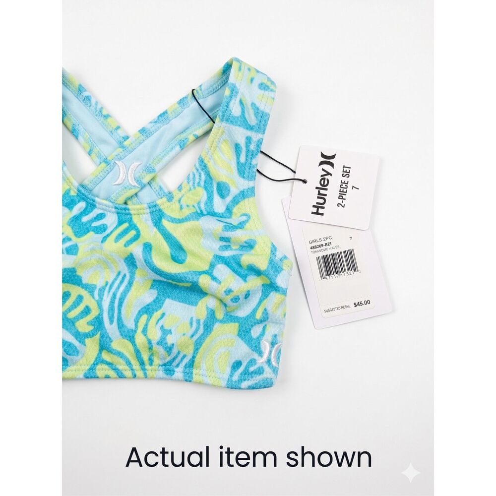 🌊 Hurley Girls 2-Piece Swimsuit Set Teal Lime Floral Size 7 (8-9 YRS) NWT - Picture 5 of 6